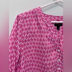 Talbots Linen Blend Top Tunic Blouse size S pink white v neck tab sleeves